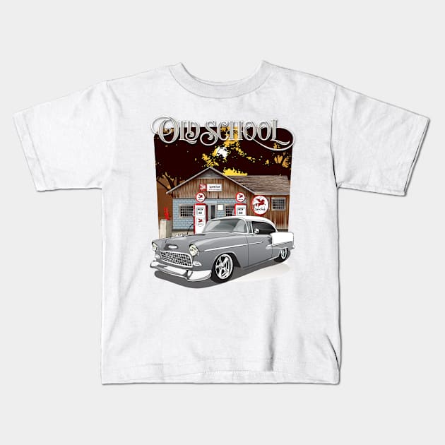 1955 Silver Gray Chevy Bel Air Old School Kids T-Shirt by RPM-ART